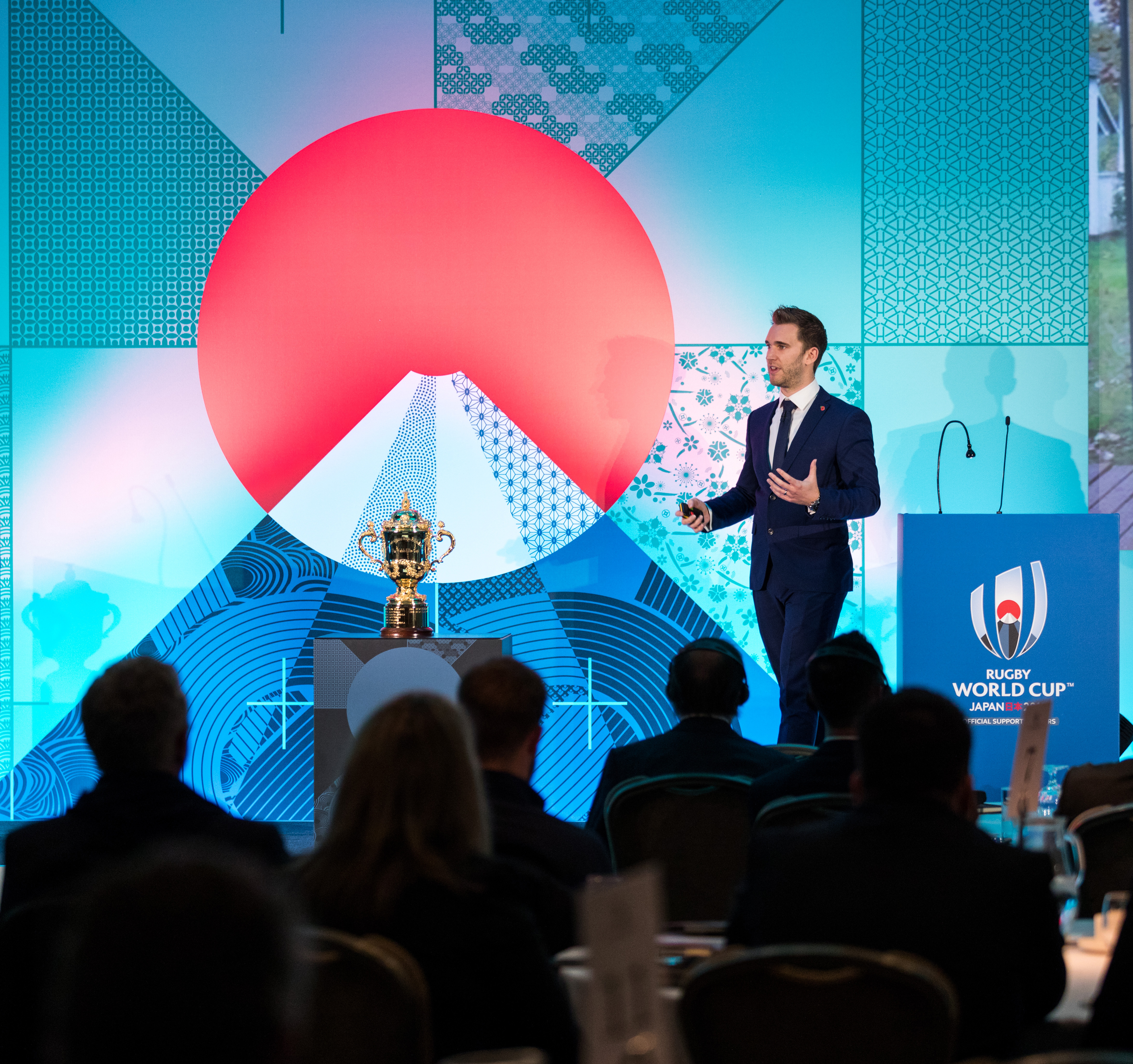 Jonathan Griffiths hosting the Rugby World Cup 2019 Hospitality Partner Briefing, Japan